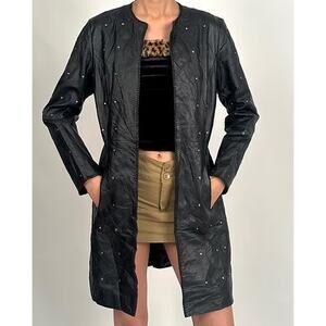 Pamela McCoy Black Genuine Leather & Stud Detailing Smart Long Leather Jacket
